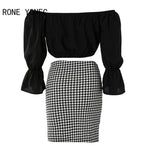 Women Chic with Belt Slash Small V Neck Three Quarter Sleeves Houndstooth Pattern Bottom&amp; Solid Top Bodycon Skirt Sets