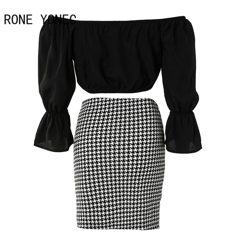 Women Chic with Belt Slash Small V Neck Three Quarter Sleeves Houndstooth Pattern Bottom&amp; Solid Top Bodycon Skirt Sets