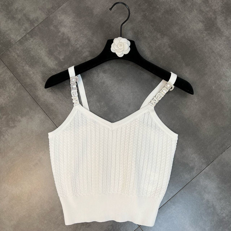 PREPOMP 2022 Summer New Arrival Sleeveless Diamonds Letters Strapl V Neck Slim Knitted Vest Women Tank Top GE733