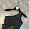 PREPOMP 2022 Summer New Arrivals Sleeveless Single Shoulder Metal Chain Letter Belt Sexy Black Slim Bodysuits Women GF315