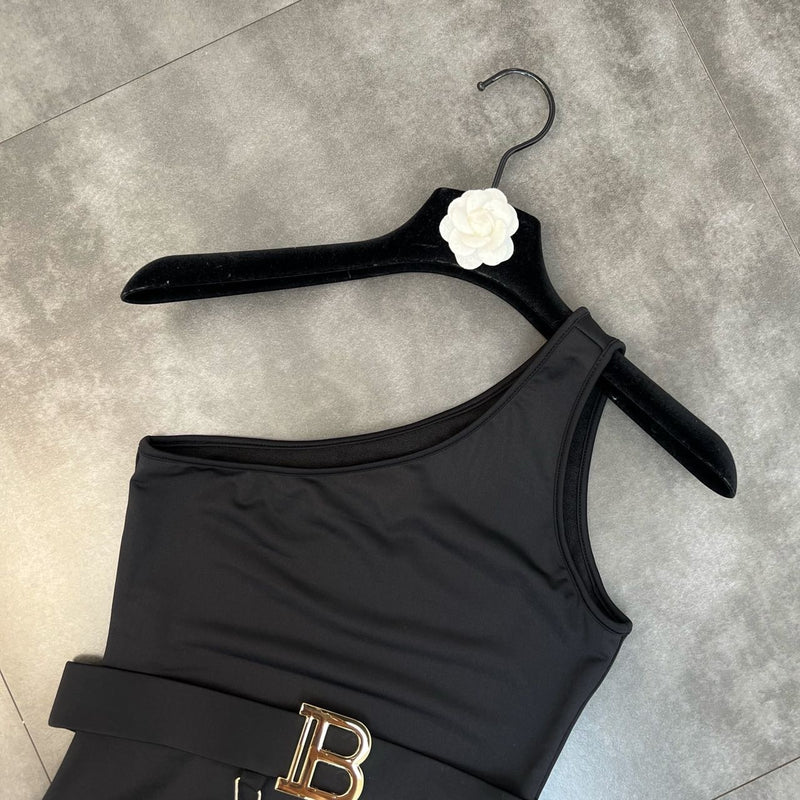 PREPOMP 2022 Summer New Arrivals Sleeveless Single Shoulder Metal Chain Letter Belt Sexy Black Slim Bodysuits Women GF315
