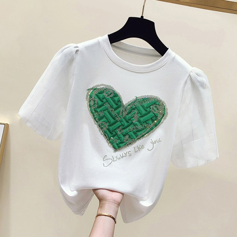 Casual O-Neck Heart-Shaped Diamond Elegant Tops