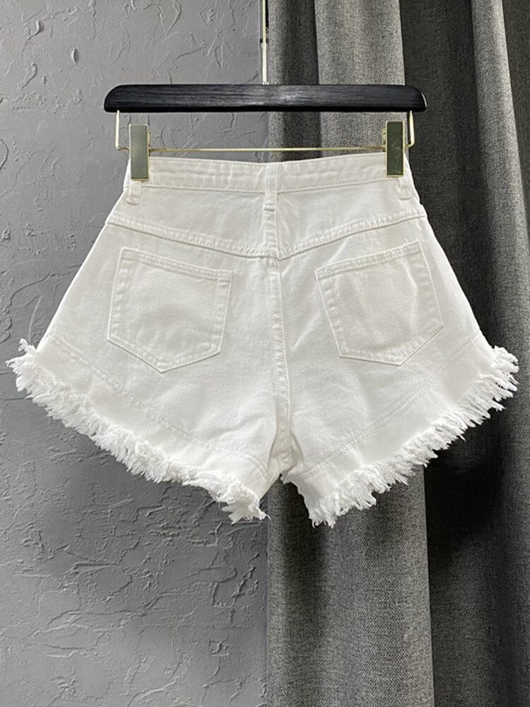 White High Waist Denim Shorts Women'S Tassel Raw Edge Loose Wide-Leg Hot Pants 2022 Summer Fashion Korean Women'S Clothing