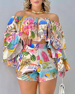 Graphic Print Off Shoulder Bell Sleeve Crop Top &amp; Shorts Set Women 2pcs Clothes Suit Spring Summer Loose Blouse Shorts Pants