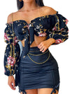 Flowers Print Slash Neck Long Sleeves Crop Top Skirts 2 Pcs