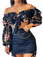 Flowers Print Slash Neck Long Sleeves Crop Top Skirts 2 Pcs