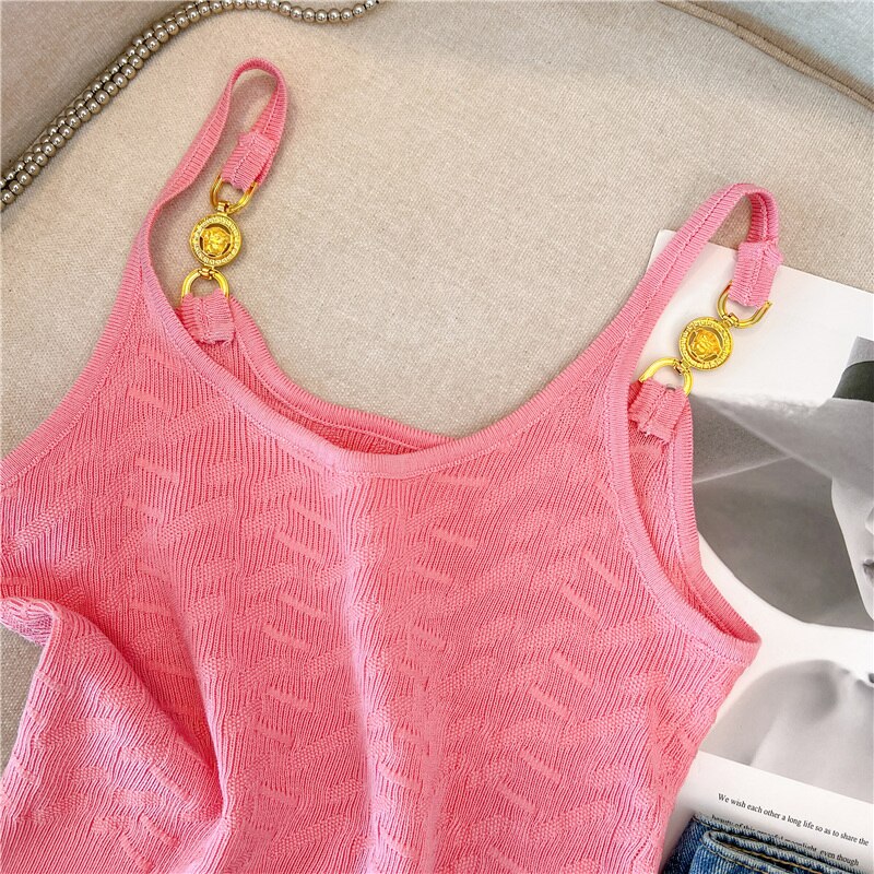 Pink Sexy Slim Knit Vests Crop Tops Women 2023 Summer Sleeveless Gold Buckles Stylish Fashion Chic Knitwear Sweaters Vests