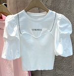 Tops Round Neck Puff Sleeve Chain Decoration T-shirts