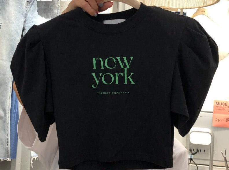Neploe Korean 2023 Summer O-Neck Short Tops Letter Print Shoulder Pad Puff Sleeve T-Shirt Femme Chic Simple Casual Sweet Tees