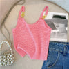 Pink Sexy Slim Knit Vests Crop Tops Women 2023 Summer Sleeveless Gold Buckles Stylish Fashion Chic Knitwear Sweaters Vests