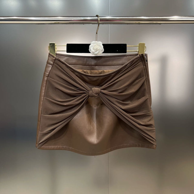 PREPOMP 2023 Summer New Collection Sleeveless V Neck Halter Ruched Camisole Pu Short Skirt Two Piece Set Outfits GK500