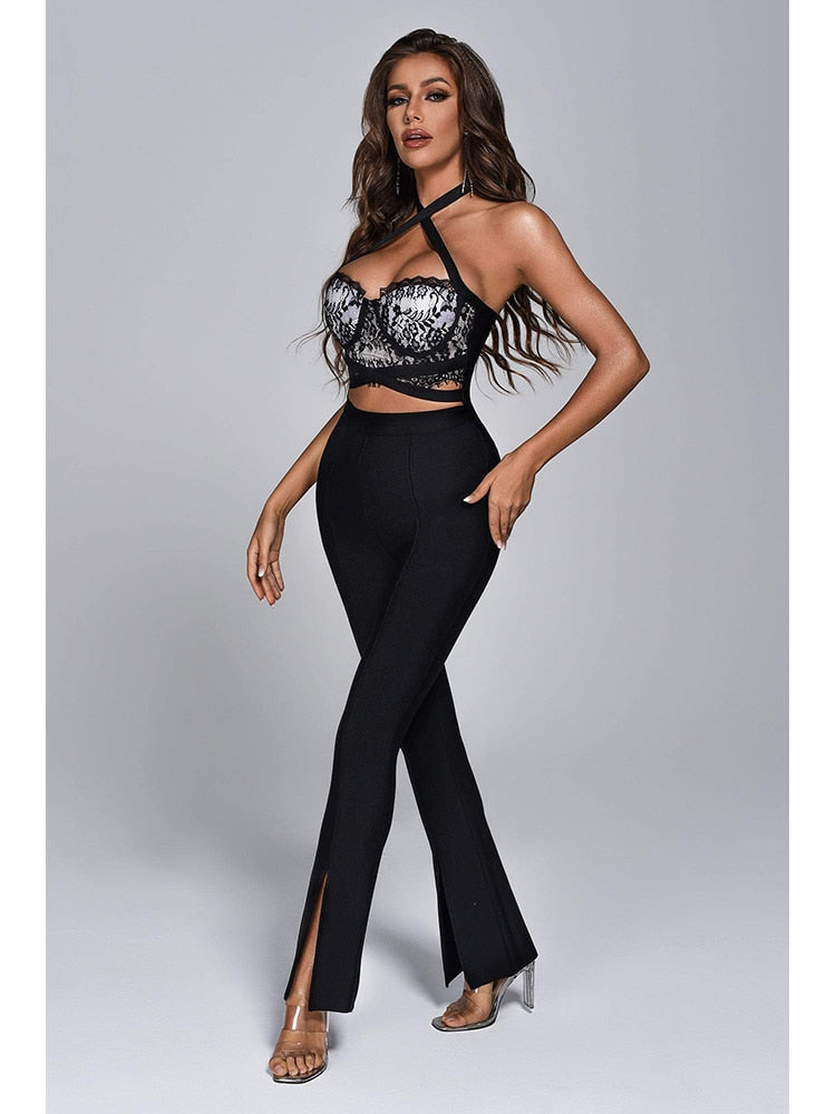 Sexy Spaghetti Strap Lace Bodycon Bandage Jumpsuit Elegant Black Full Length Cropped Top Pants Bandage Set Nightclub Party Set