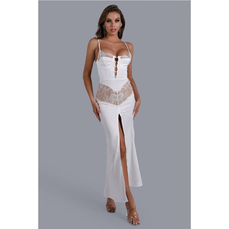 Lace Patchwork Sleeveless Dress Sexy Party Dress Women Summer Spaghetti Strap High Split Bodycon Maxi Dress Club Party Vestidos