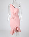 One Shoulder Twisted Slit Ruffles Party Dress Women Sleeveless High Waist Solid Color Sexy Slim Fashion Spring Summer Mini Dress