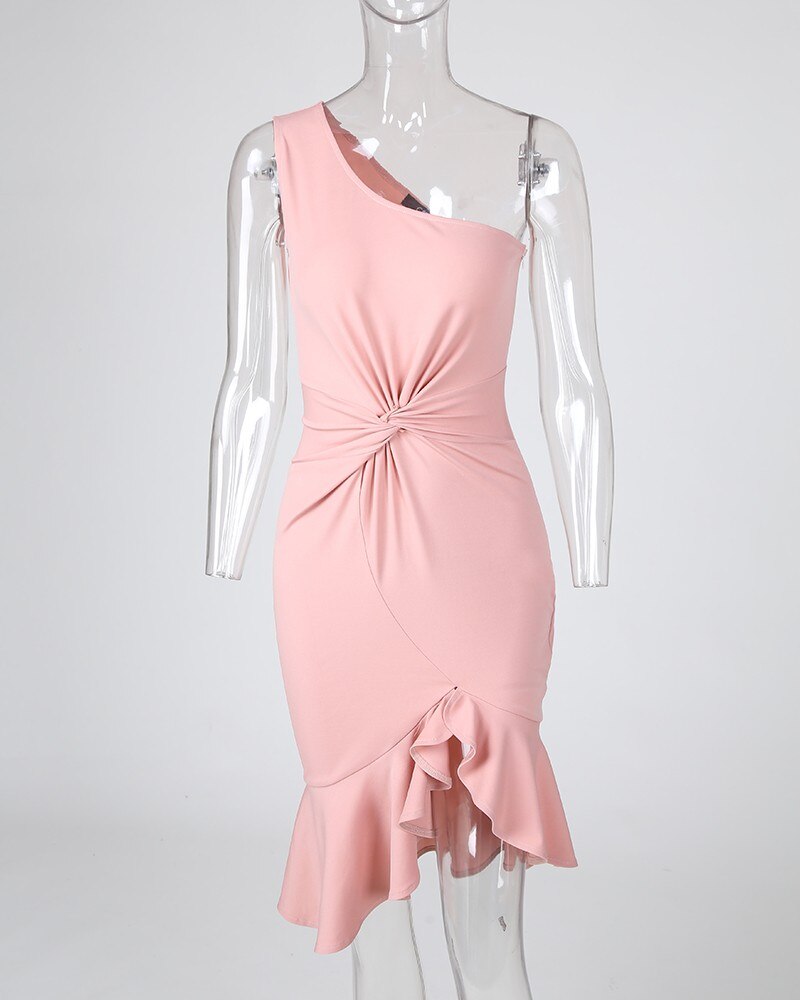 One Shoulder Twisted Slit Ruffles Party Dress Women Sleeveless High Waist Solid Color Sexy Slim Fashion Spring Summer Mini Dress