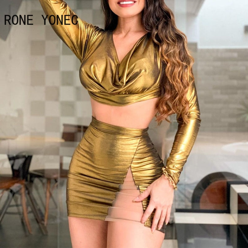 Women Chic Solid Mesh Patchwork Long Sleeves Crop Top French Style Bodycon Sexy Skirt Sets