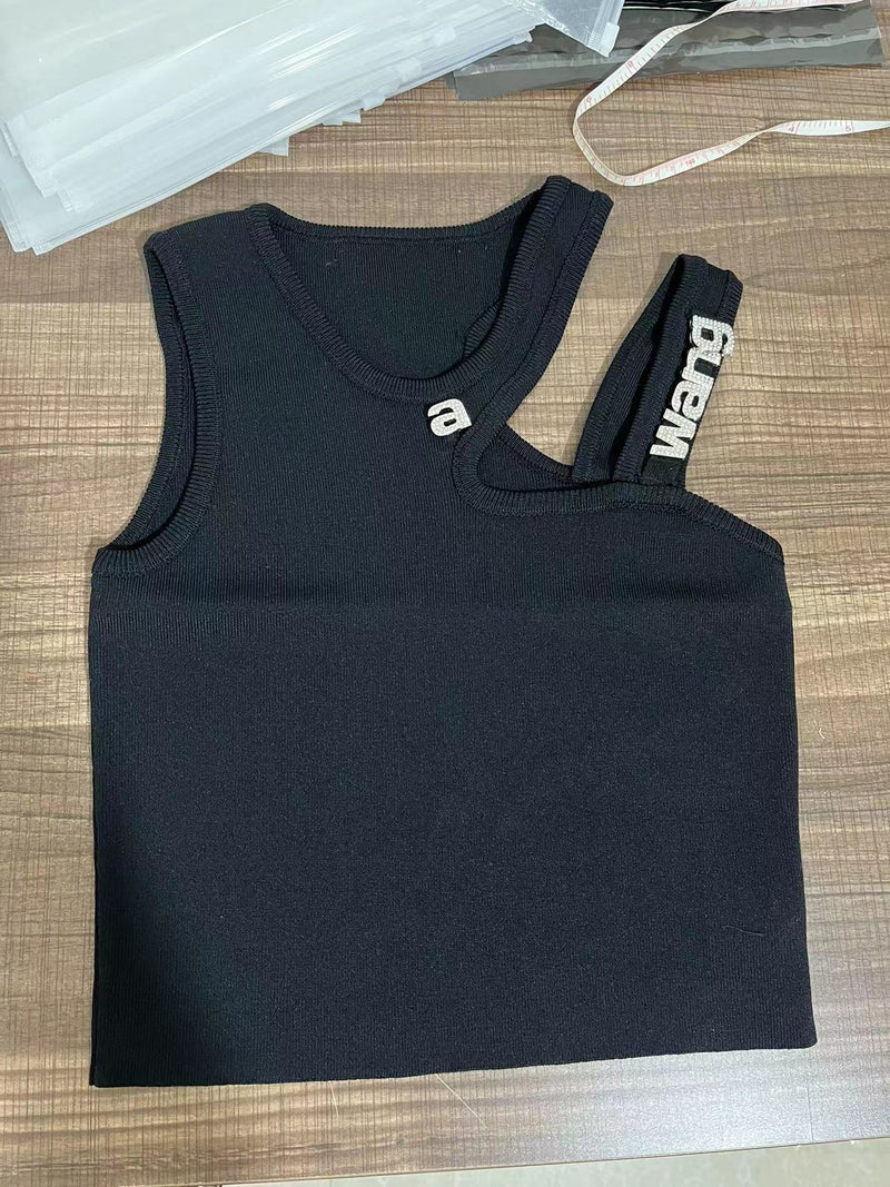 PREPOMP 2022 Summer New Arrival Sleeveless Single Shoulder Hollow Out Diamonds Letters Slim Knitted Tank Top Woomen Vest GE319