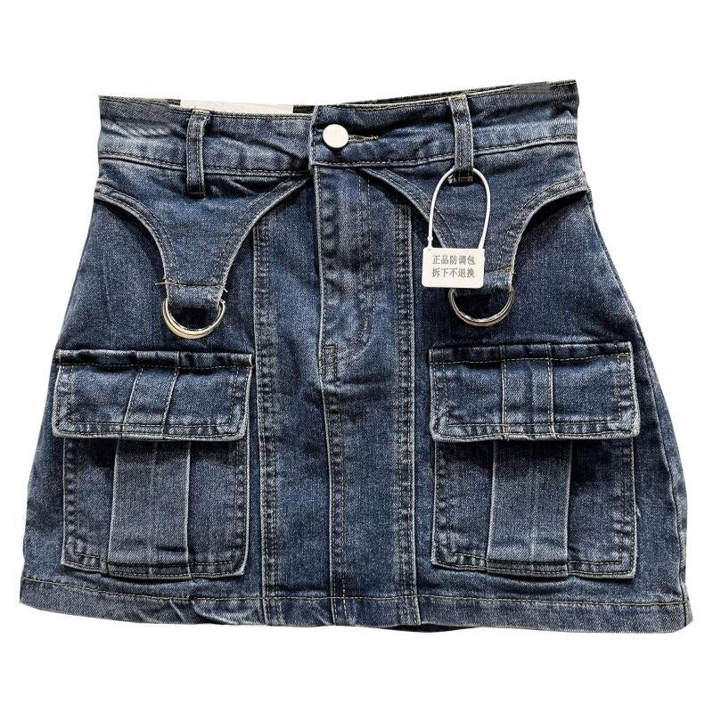 PREPOMP 2023 Spring New Arrival High Waist Double Pockets Slim Bodycon Short Denim Skirt Women GH191