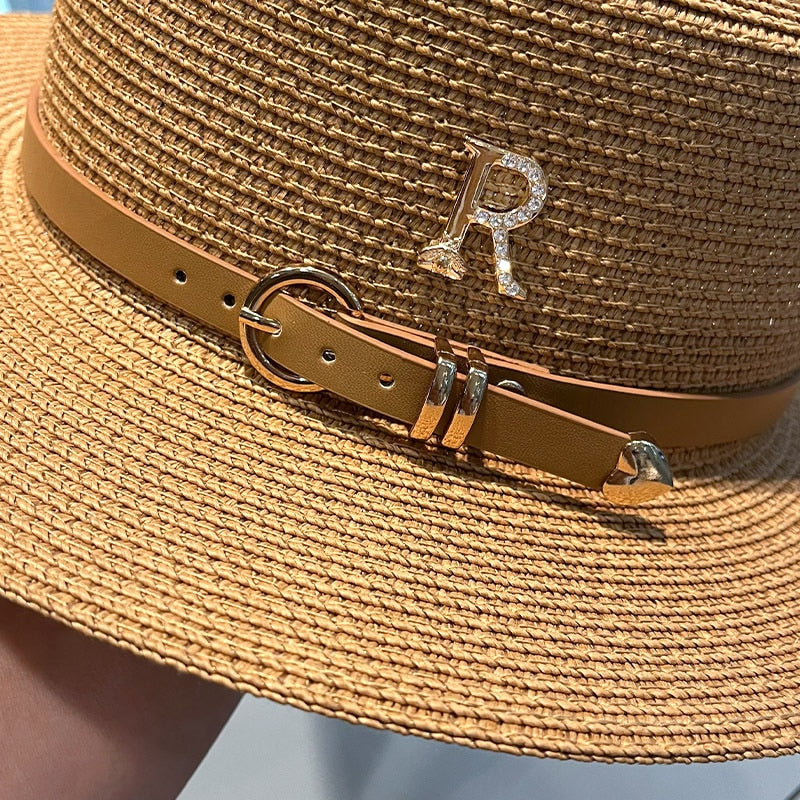 2023 New Metal R Letter Buckle Straw Hat Leisure Summer Sunscreen Hat Women&#39;s Fashionable Beach Hat Vintage Hat Church Hats