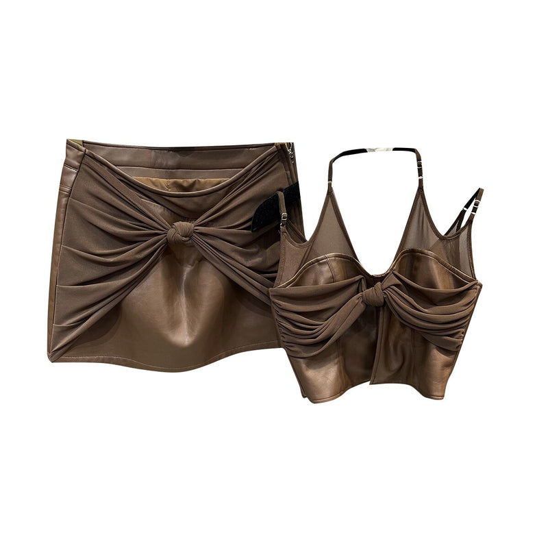 PREPOMP 2023 Summer New Collection Sleeveless V Neck Halter Ruched Camisole Pu Short Skirt Two Piece Set Outfits GK500