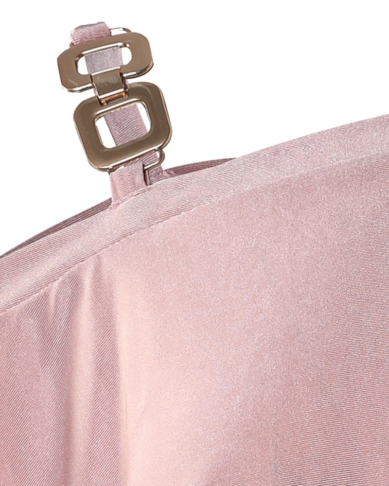 Women Party Evening Mini Dress Long Sleeve Sexy Chain Strap Cold Shoulder Belted Bodycon Dress Casual Fashion Solid Color