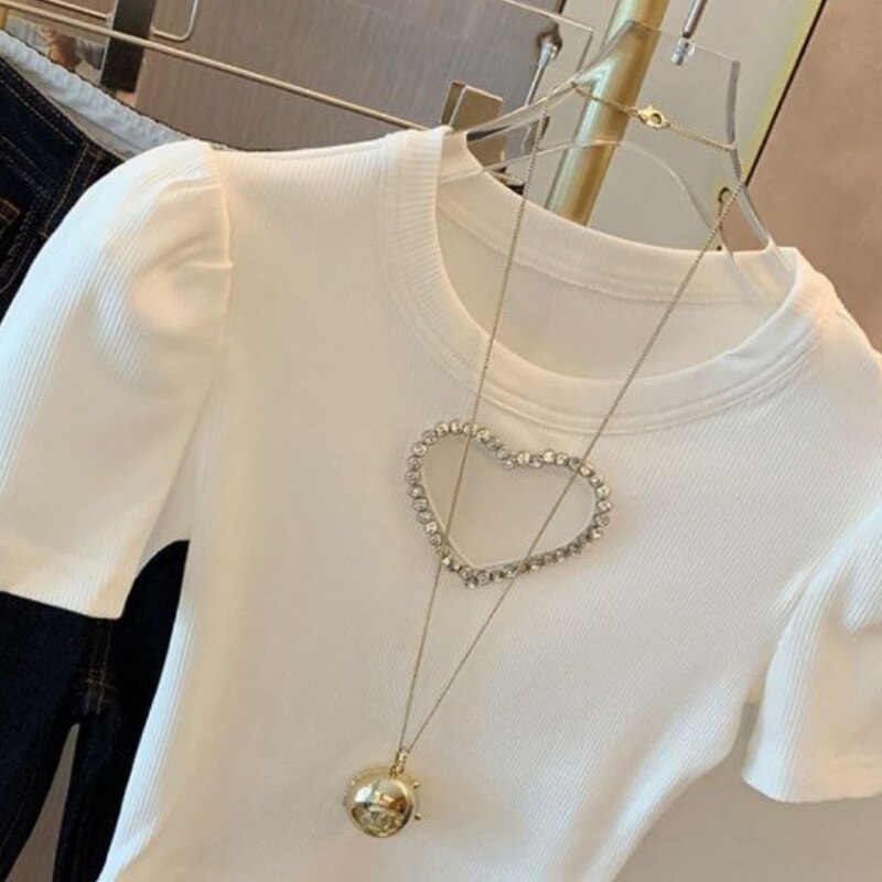 Summer Simple O-Neck Elegant Solid Bubble Sleeve Short T-Shirts