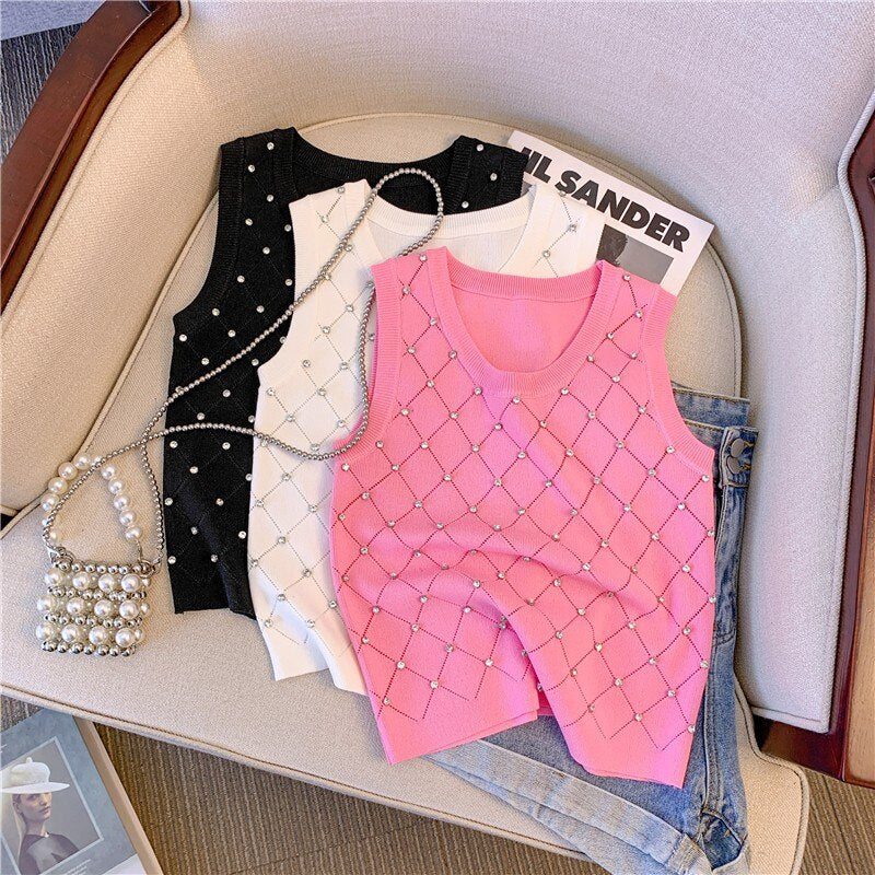 Diamonds Argyle Slim Knit Sweater Vest Women&#39;s Crop Tops 2023 Summer Sleeveless O-neck Knitwear Stylish Fashion Sexy Pullovers