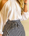 Women Frill Hem Shirred Neck Cold Shoulder Top &amp; Houndstooth Wrap Tie Front Shorts Set Autumn Sexy Bodycon Skirts Two Piece Suit