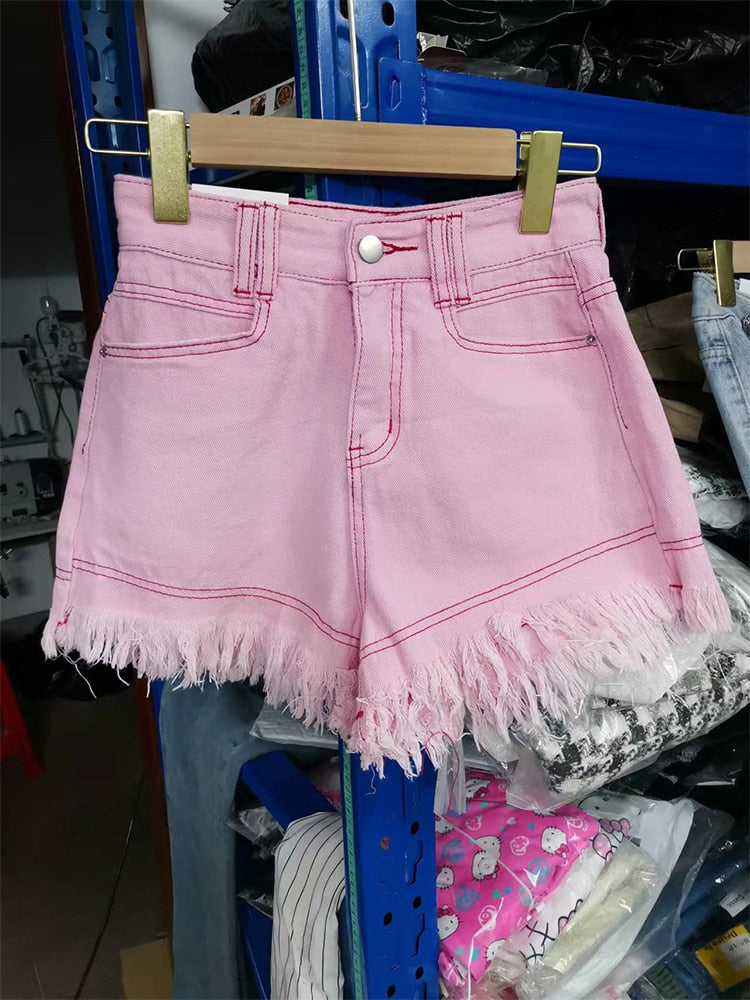 White High Waist Denim Shorts Women'S Tassel Raw Edge Loose Wide-Leg Hot Pants 2022 Summer Fashion Korean Women'S Clothing