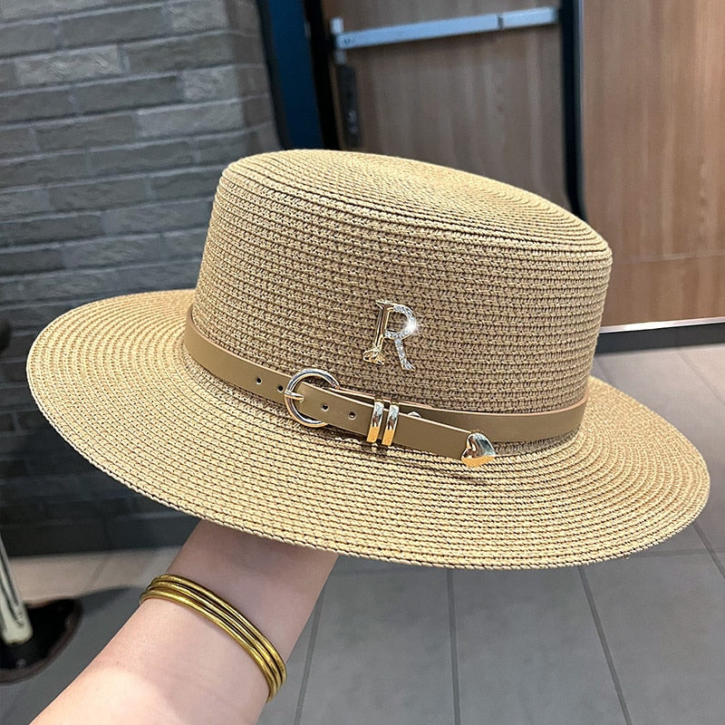 2023 New Metal R Letter Buckle Straw Hat Leisure Summer Sunscreen Hat Women&#39;s Fashionable Beach Hat Vintage Hat Church Hats