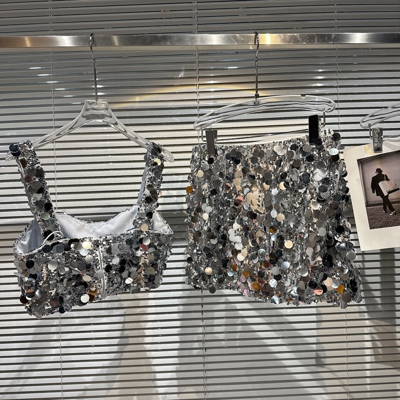 PREPOMP 2023 Summer Square Collar Sleeveless Silver Sequins Vest Women Crop Top Short Skirt Two Piece Set Women Outfits GH550