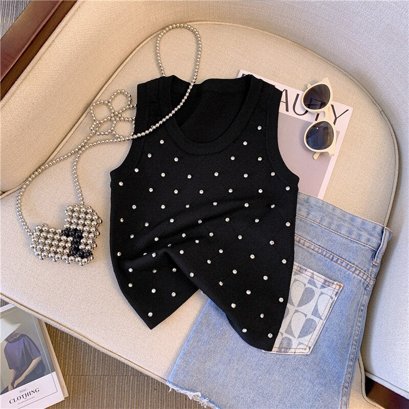 Diamonds Argyle Slim Knit Sweater Vest Women&#39;s Crop Tops 2023 Summer Sleeveless O-neck Knitwear Stylish Fashion Sexy Pullovers