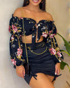 Flowers Print Slash Neck Long Sleeves Crop Top Skirts 2 Pcs
