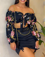 Flowers Print Slash Neck Long Sleeves Crop Top Skirts 2 Pcs