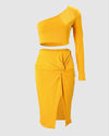 Women Solid Color 2pcs Clothes Suit Sexy One Shoulder Crop Top &amp; Twisted High Slit Skirt Set