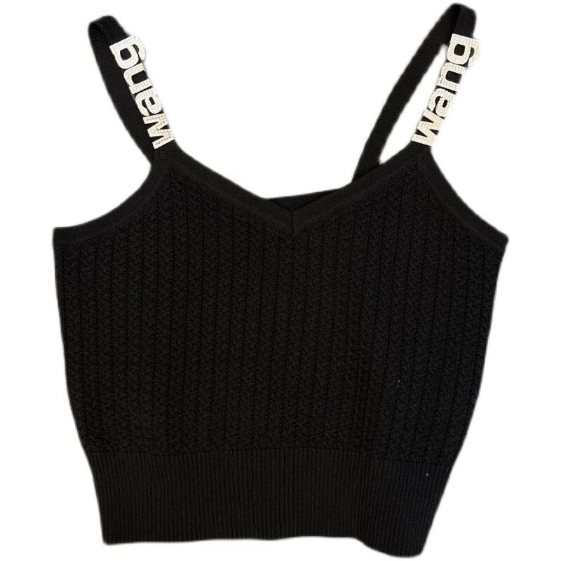 PREPOMP 2022 Summer New Arrival Sleeveless Diamonds Letters Strapl V Neck Slim Knitted Vest Women Tank Top GE733