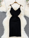 Chain V Neck Summer Knit Sexy Strap Dress Women Tank Elatic Waist Bodycon Sundress Female Beach  Backless Long Dress