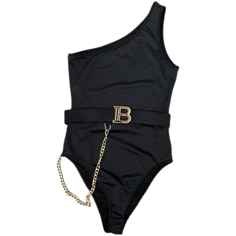 PREPOMP 2022 Summer New Arrivals Sleeveless Single Shoulder Metal Chain Letter Belt Sexy Black Slim Bodysuits Women GF315