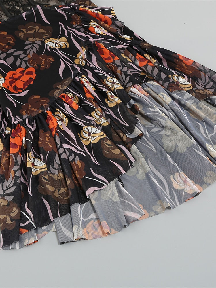 Sexy V-Neck Strap Printed Ruffles Midi Dress Summer Elegant Sleeveless Print Asymmetrical Hem Dresses Women Party Evening Dress