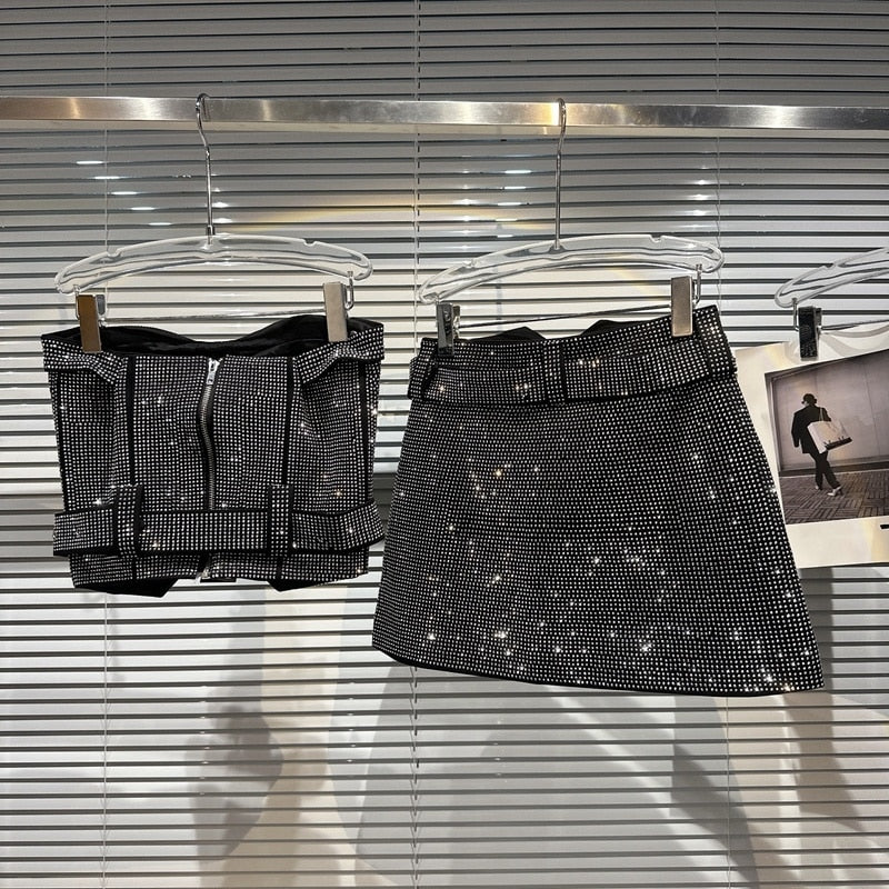 PREPOMP Sleeveless Strapless Rhinestone Diamonds Padded Chest Tank Top Vest Short Bodycon Skirt Belt Two Piece Set Outfits GH708