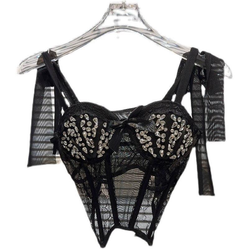 PREPOMP 2023 Summer New Collection Sleeveless Rhinestone Mesh Transparent Chest Pads Slim Sexy Camisole Women Tank Top GK290