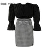 Women Chic with Belt Slash Small V Neck Three Quarter Sleeves Houndstooth Pattern Bottom&amp; Solid Top Bodycon Skirt Sets