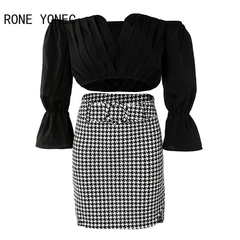 Women Chic with Belt Slash Small V Neck Three Quarter Sleeves Houndstooth Pattern Bottom&amp; Solid Top Bodycon Skirt Sets