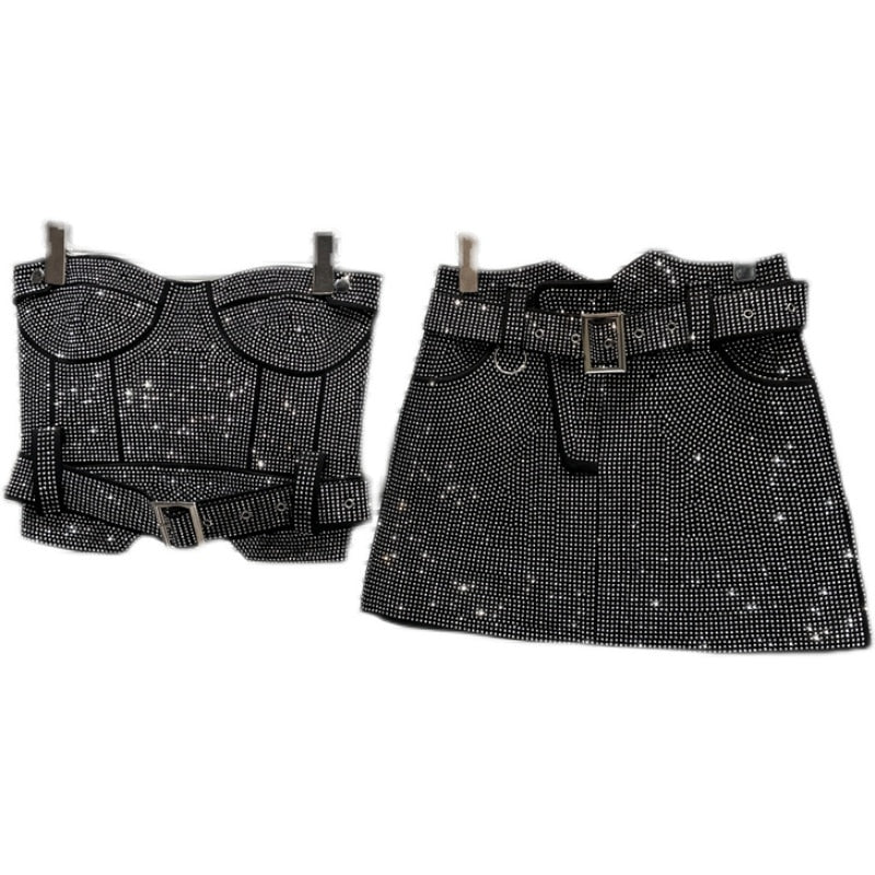 PREPOMP Sleeveless Strapless Rhinestone Diamonds Padded Chest Tank Top Vest Short Bodycon Skirt Belt Two Piece Set Outfits GH708