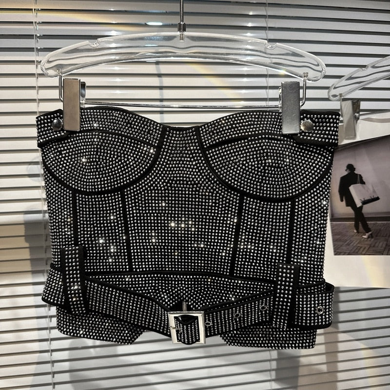 PREPOMP Sleeveless Strapless Rhinestone Diamonds Padded Chest Tank Top Vest Short Bodycon Skirt Belt Two Piece Set Outfits GH708