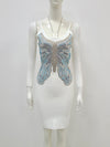 Sexy Spaghetti Strap Beaded Butterfly Bodycon Bandage Mini Dress Summer White V-Neck Sleeveless Dress Evening Party Club Outfit