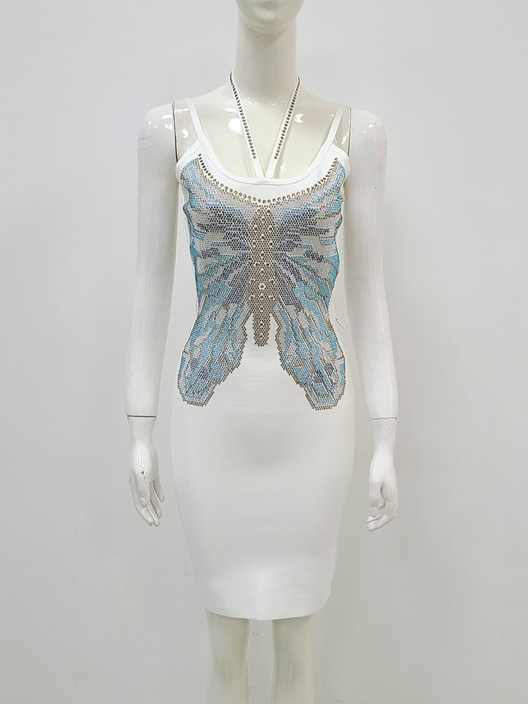 Sexy Spaghetti Strap Beaded Butterfly Bodycon Bandage Mini Dress Summer White V-Neck Sleeveless Dress Evening Party Club Outfit