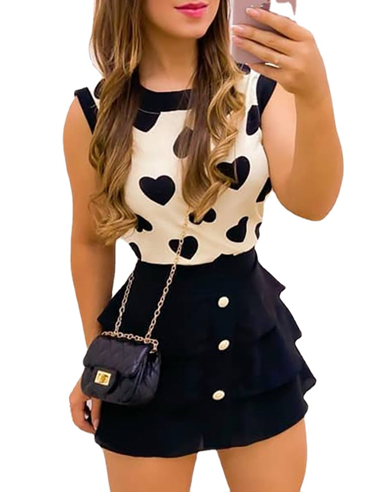 Women Print Heart Round Neck Top &amp; Skirt Set Women Dress Sets