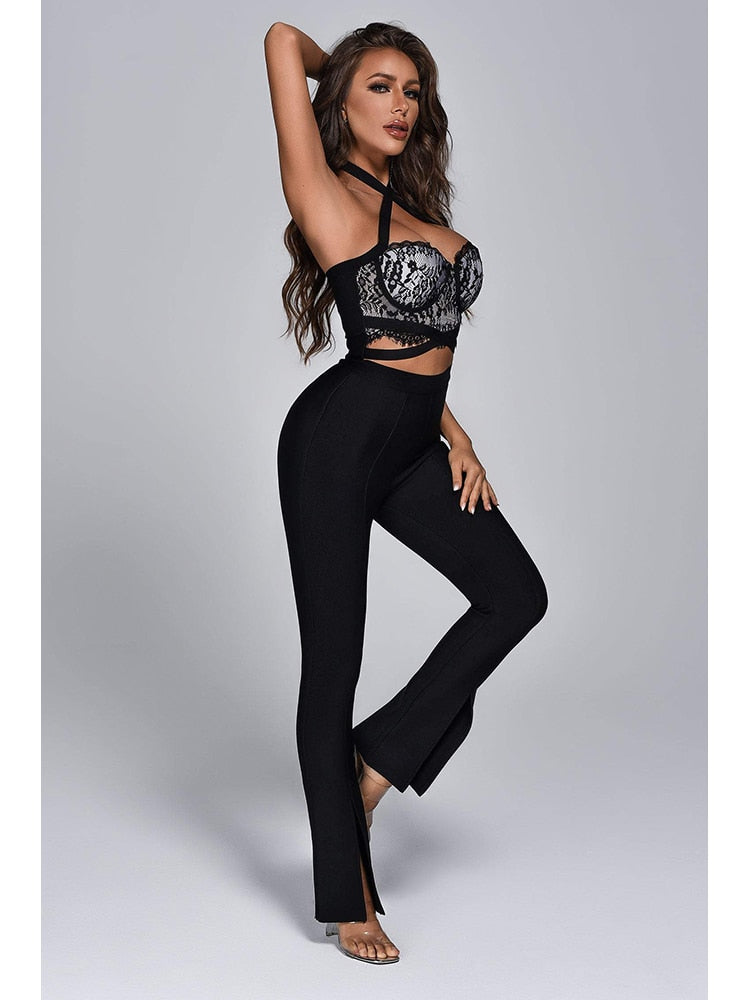 Sexy Spaghetti Strap Lace Bodycon Bandage Jumpsuit Elegant Black Full Length Cropped Top Pants Bandage Set Nightclub Party Set