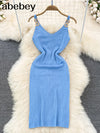 Chain V Neck Summer Knit Sexy Strap Dress Women Tank Elatic Waist Bodycon Sundress Female Beach  Backless Long Dress